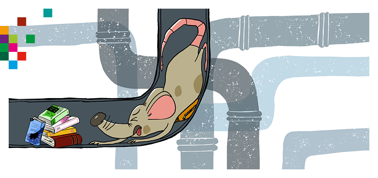 Grafik - Ratte Rieke rutscht durch ein Rohr