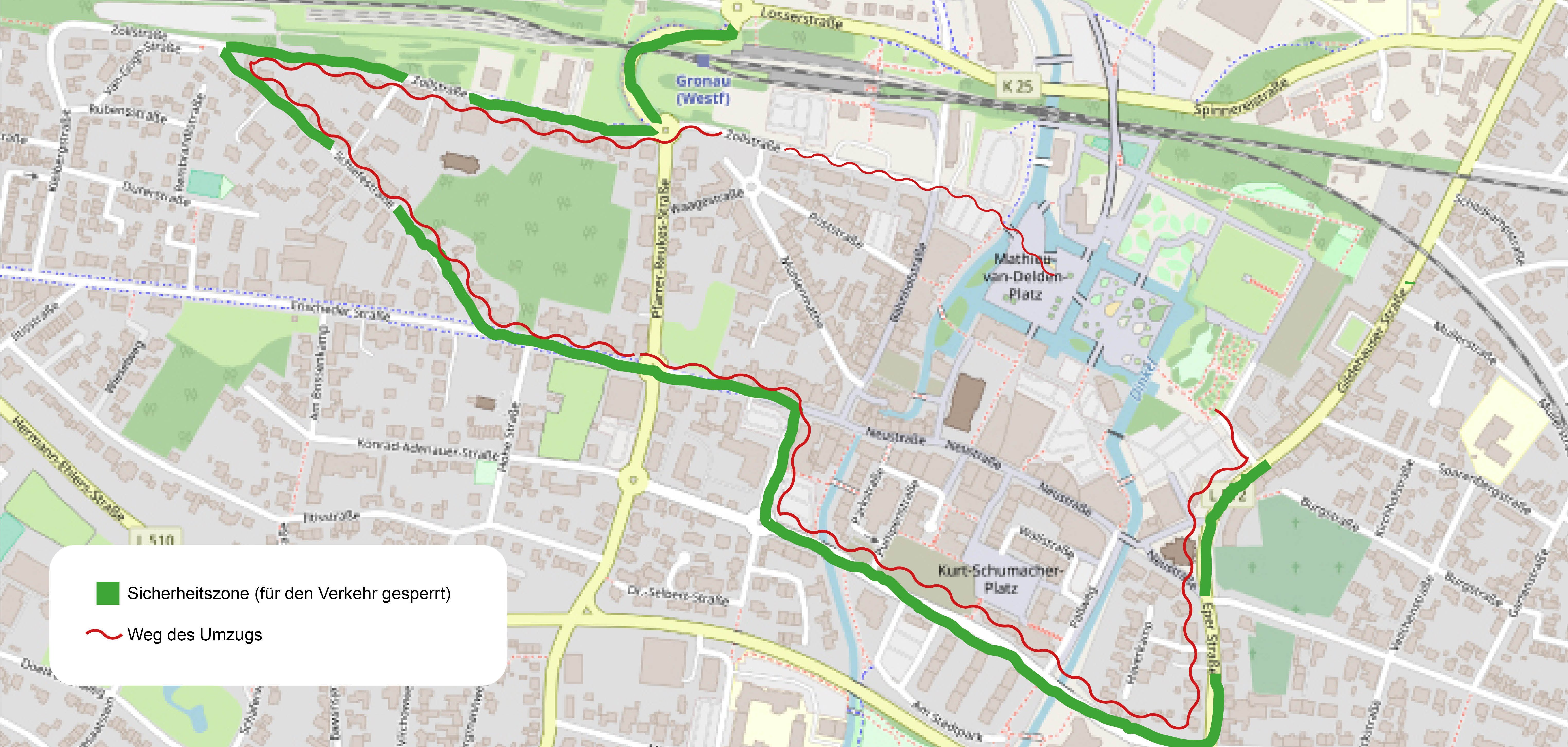 Die Sperrung entlang der Umzugsstrecke an den Straßen: Zollstraße – Schiefestraße – Enscheder Straße – Franz-Kerkhoff-Straße – Konrad-Adenauer-Straße – Eper Straße – Gildehauser Straße.