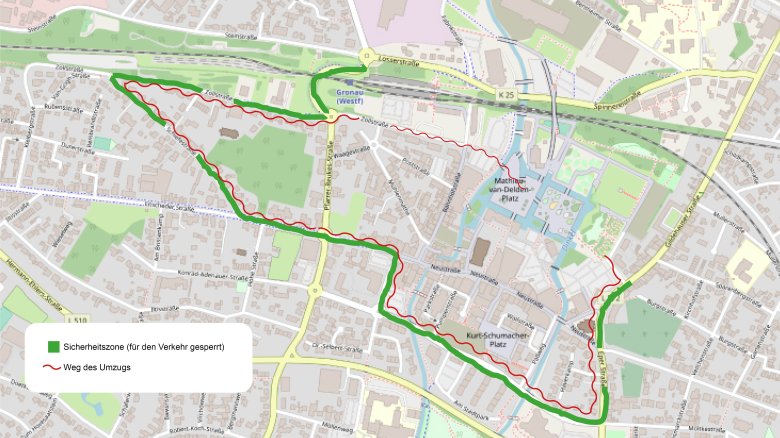 Die Sperrung entlang der Umzugsstrecke an den Straßen: Zollstraße – Schiefestraße – Enscheder Straße – Franz-Kerkhoff-Straße – Konrad-Adenauer-Straße – Eper Straße – Gildehauser Straße.