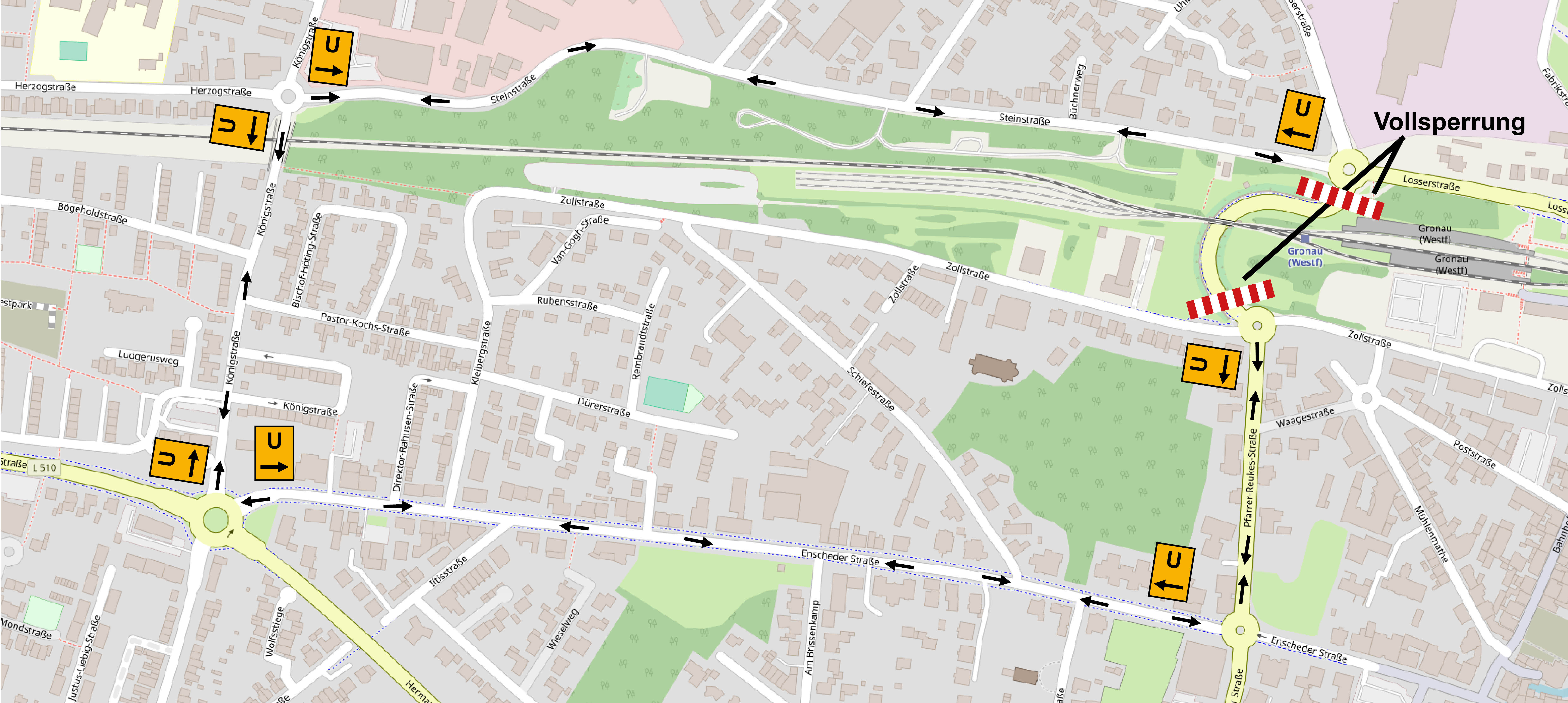 Die Umleitung für die Sperrung der Bahnunterführung auf der Pfarrer-Reukes-Straße über die Straßen Steinstraße – Königstraße – Enscheder Straße.