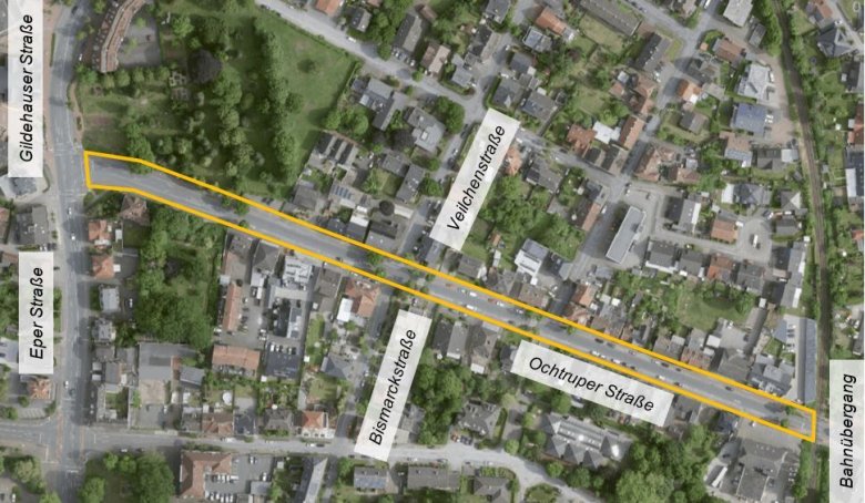 Lageplan für die Großbaustelle Ochtruper Straße Zweiter Bauabschnitt Ochtruper Straße (Gildehauser Straße / Eper Straße bis Bahnübergang)