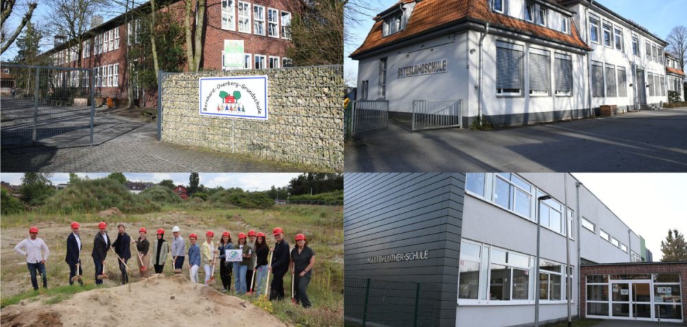 Das Bild zeigt vier Schulen: die Overberg-Grundschule, die Buterlandschule, die Martin-Luther-Schule sowie eine Gruppe beim Spatenstich der Grüne-Aue-Schule