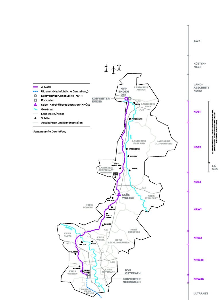 Der Streckenverlauf der Erdkabeltrasse A-Nord von Emden nach Meerbusch-Osterath.