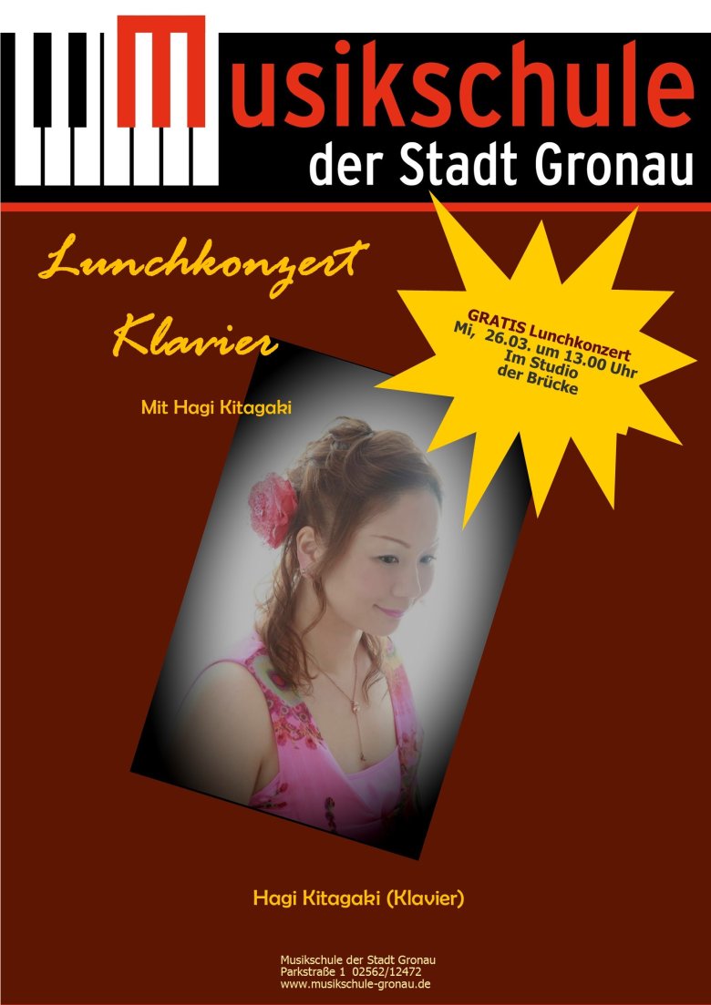 Das Plakat zur Veranstaltung Lunchkonzert in der Musikschule der Stadt Gronau am 26.03.2025 um 13 Uhr.