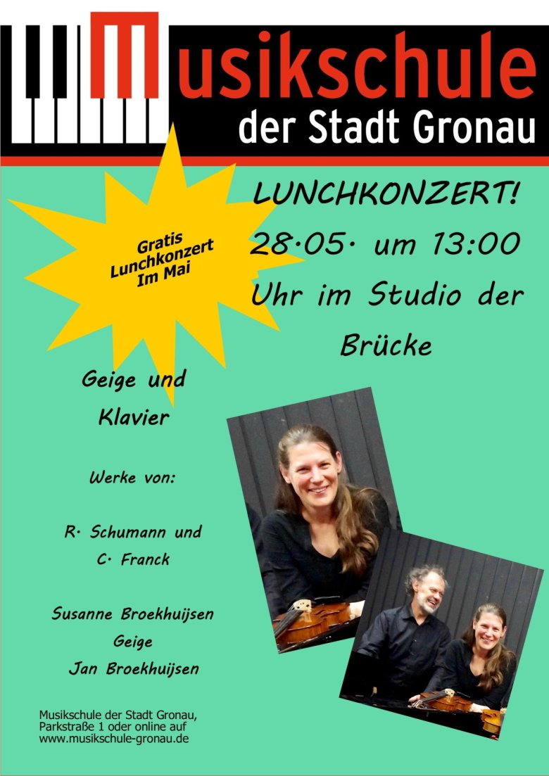 Das Plakat zur Veranstaltung Lunchkonzert in der Musikschule der Stadt Gronau am 28.05.2025 um 13 Uhr.