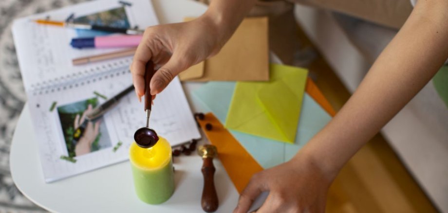 Frau aus der Vogelperspektive macht kreatives Journaling