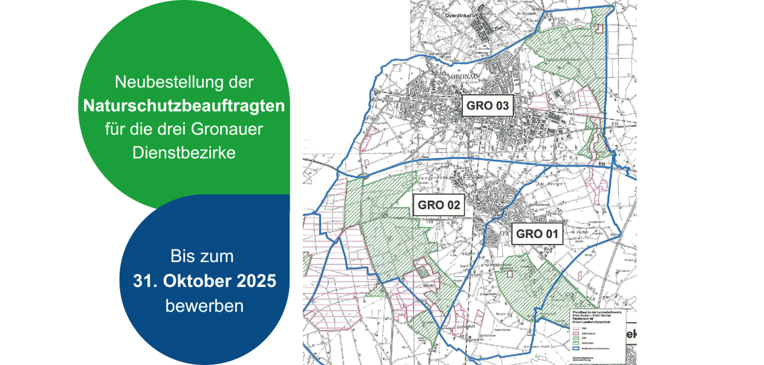 Grafik zur Neubestellung der Naturschutzbeauftragten für die drei Bezirke in Gronau/Epe. Bewerbung bis 31. Oktober 2025.
