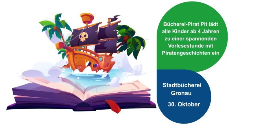 Piratenschiff aus einem Buch mit Hinweis zur Vorlesestunde mit Bücherei-Pirat Pit am 30. Oktober