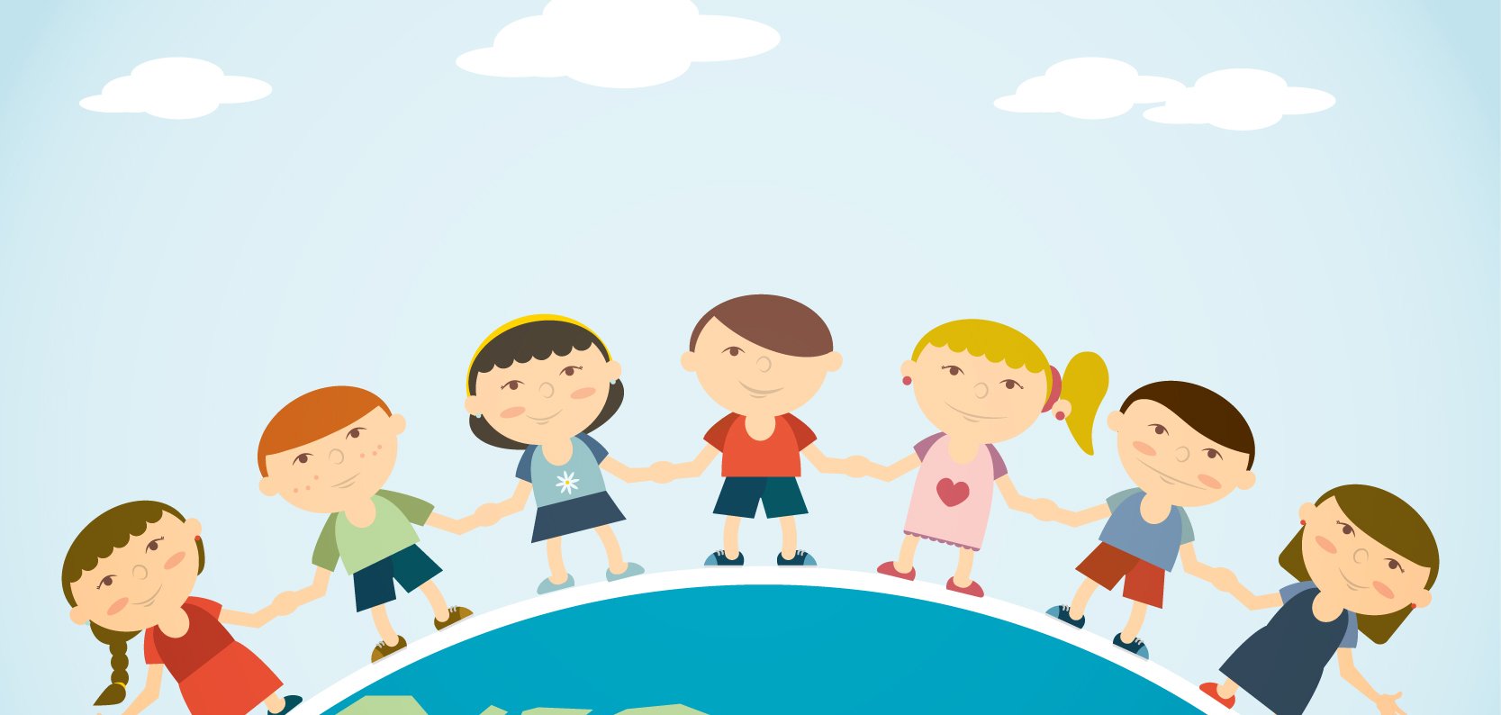 Illustration zum Weltkindertag: Kinder halten sich auf einer Erdkugel an den Händen