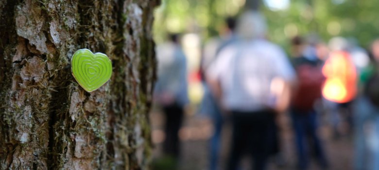 Das Grüne Herz an einem Baum im Wald. Das Grüne Herz (als Zeichen für die Deutschen Waldtage) an einem Baum im Wald.