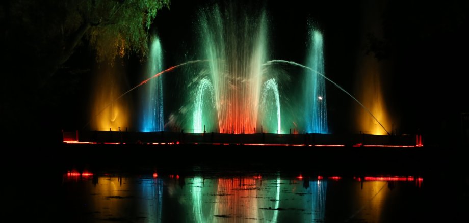 Im Stadtparkteich bewegen sich bunte Wasserfontänen im Takt der Musik. Im Stadtparkteich bewegen sich bunte Wasserfontänen im Takt der Musik.