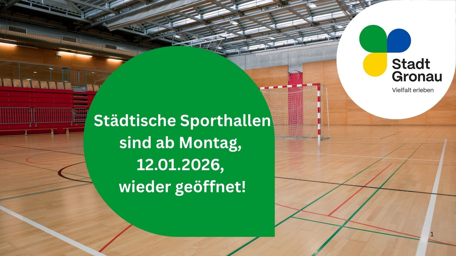 Info zur Öffnung der Sporthallen mit dem Hintergrund einer Sporthalle