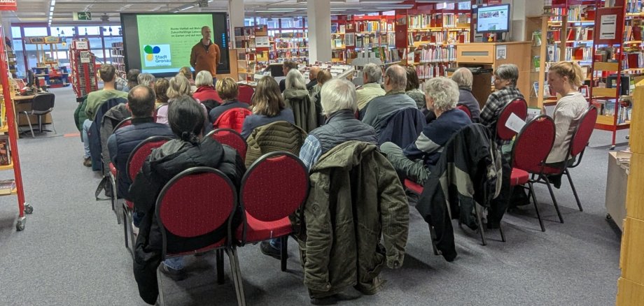 Zahlreiche Zuhörer:innen verfolgten den Vortrag in der Stadtbücherei Gronau