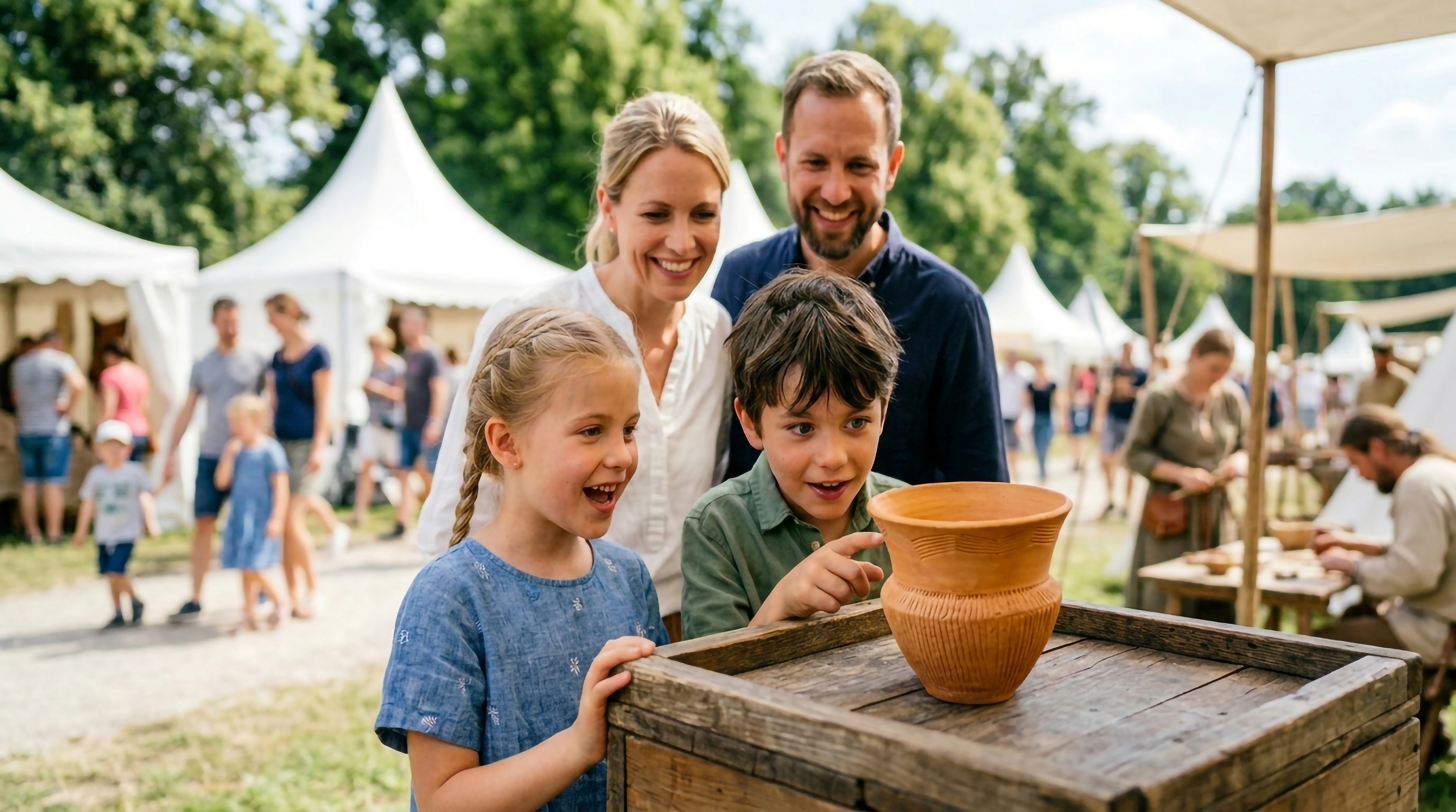 Eine Familie schaut sich einen Trichterbecher an