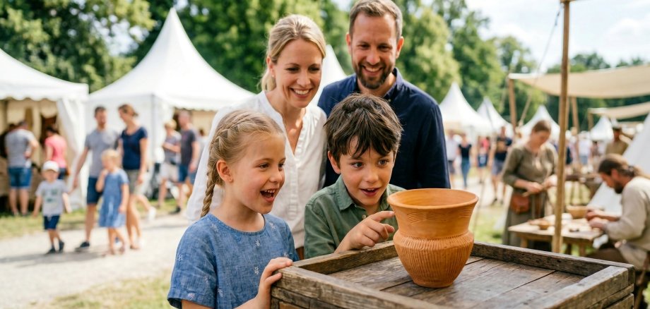 Eine Familie schaut sich einen Trichterbecher an